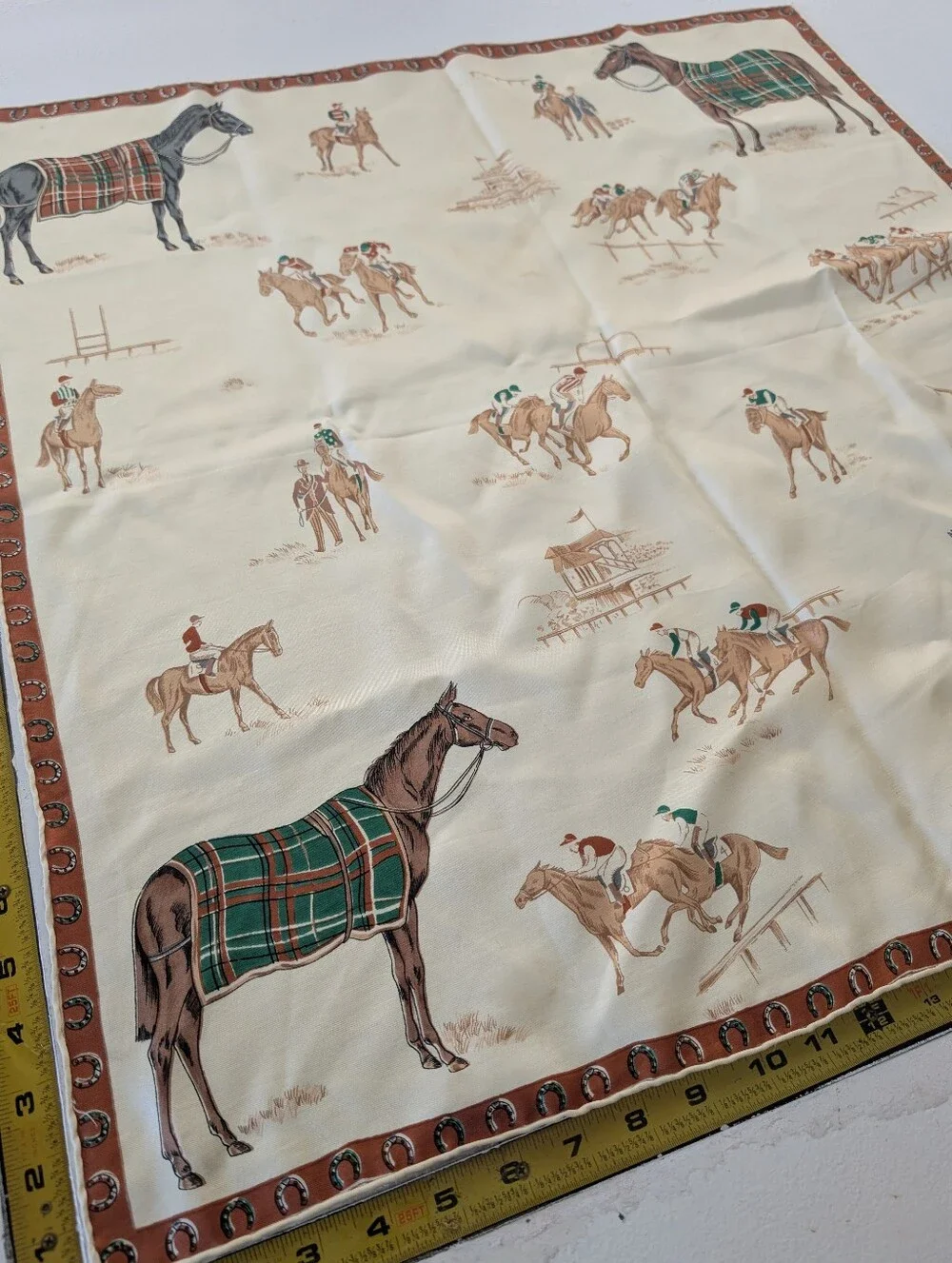 Vintage Equestrian Horse Racing Scarf Jockey Derby Plaid Horseshoe Border